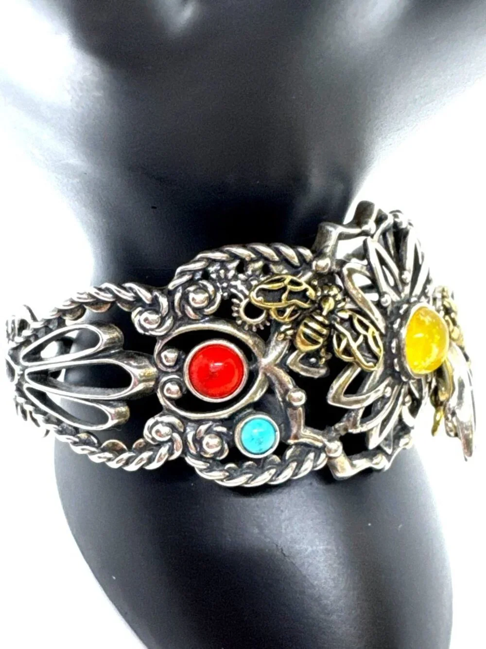 Carolyn Pollack Fritz Casuse 925 Sterling Silver Brass Bumble Bee Gemstone Cuff